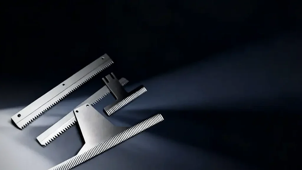 Serrated industrial cutting blades on a dark background