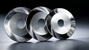 Tungsten carbide circular slitting blades on a dark workshop background